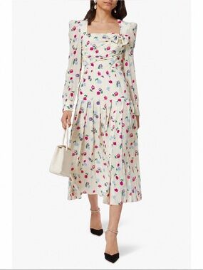 ALESSANDRA RICH Bow-detailed pleated floral-print silk-crepe midi dress
